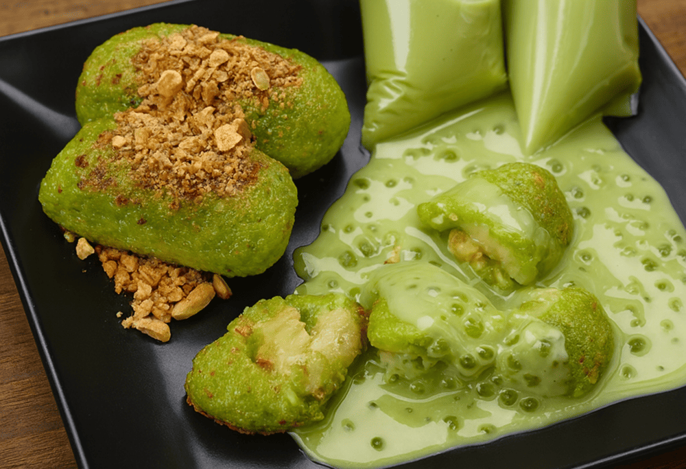 Grilled banana wrapped in white sticky rice, charred slightly from the grill, served with coconut milk sauce